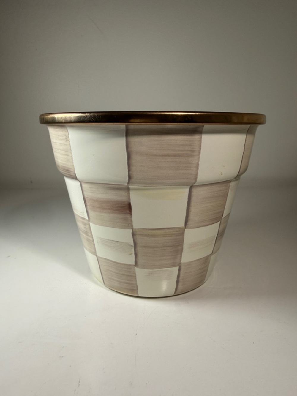 Mackenzie-Childs Mocha Check Small Garden Pot in Cream and Taupe with Gold Rim